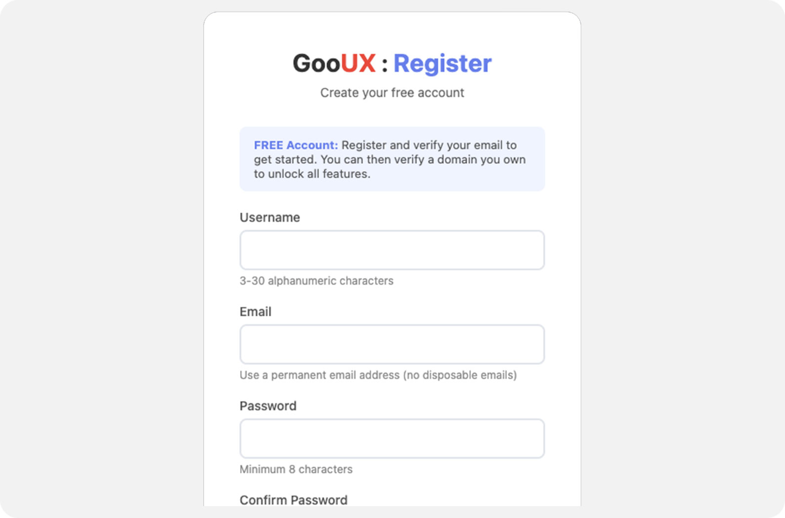 Schermata di registrazione a GooUX.